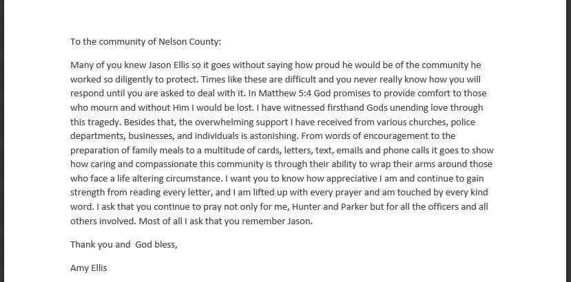 Sept. 5, 2013: Amy Ellis writes a letter to thank the community for its support.