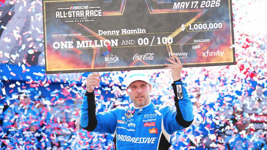 Denny Hamlin celebrates in Victory Lane after winning the NASCAR All-Star auto race at Dover Motor Speedway, Sunday, May 17, 2026, in Dover, Del. (AP Photo/Derik Hamilton)