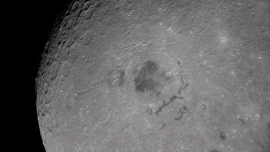 A crater on the moon's surface, captured during the Artemis II mission.