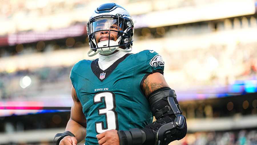 PHILADELPHIA, PA - JANUARY 11: Nolan Smith Jr. #3 of the Philadelphia Eagles exits the field after warmups prior to an NFL wild card playoff football game against the San Francisco 49ers at Lincoln Financial Field on January 11, 2026 in Philadelphia, Pennsylvania.