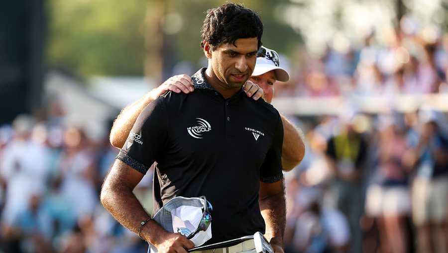 NEWTOWN, PENNSYLVANIA - MAY 17: Aaron Rai of England looks on from the 18th green during the final round of the PGA Championship at Aronimink Golf Club on May 17, 2026 in Newtown, Pennsylvania. (Photo by Jamie Squire/Getty Images)