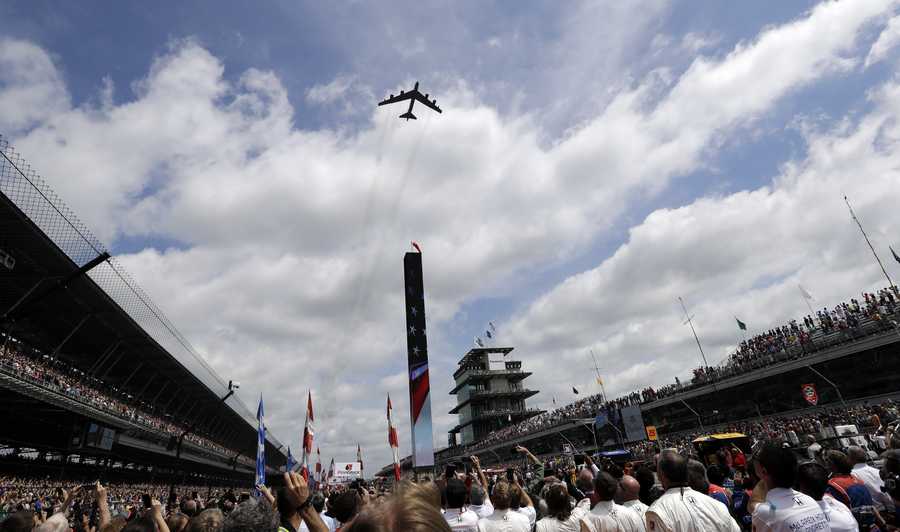 A U.S. Air Force B-52 Stratofortress Bomber with 69th Bomb Squadron performs a flyover during the National Anthem before the start of Indianapolis 500 auto race at Indianapolis Motor Speedway, Sunday, May 28, 2017 in Indianapolis. (AP Photo/Sam Riche)