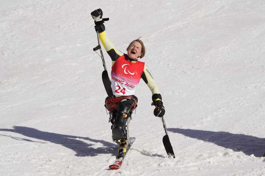 Anna-Lena Forster of Germany reacts after competing in the women's super combined, slalom, sitting event at the 2022 Winter Paralympics, Monday, March 7, 2022, in the Yanqing district of Beijing.