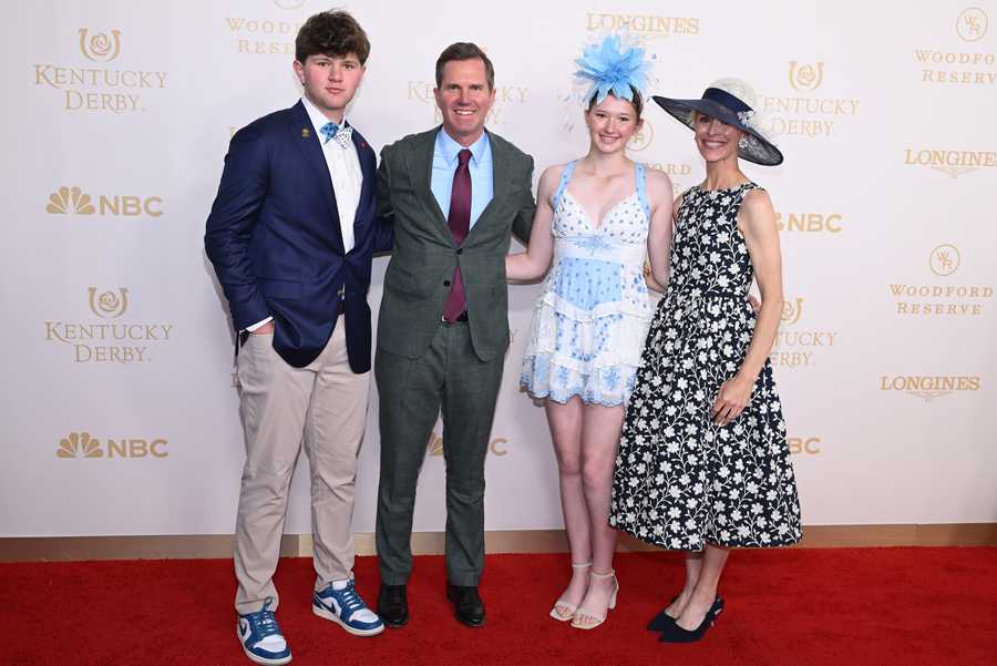 LOUISVILLE, KENTUCKY - MAY 02: Governor of Kentucky, Andy Beshear (2nd from L) and family attend the Kentucky Derby 152 at Churchill Downs on May 02, 2026 in Louisville, Kentucky. (Photo by Daniel Boczarski/Getty Images for Churchill Downs)