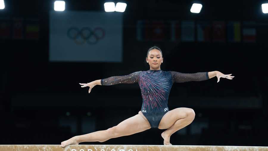 PARIS, FRANCE - JULY 25: United States women&apos;s gymnastics team participate in the podium training at the Bercy Arena, prior to the Paris 2024 Olympic Games, in Paris, France on July 25, 2024. (Photo by Aytac Unal/Anadolu via Getty Images)