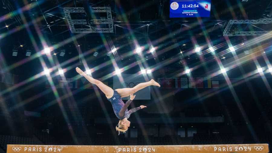 PARIS, FRANCE - JULY 25: United States women&apos;s gymnastics team participate in the podium training at the Bercy Arena, prior to the Paris 2024 Olympic Games, in Paris, France on July 25, 2024. (Photo by Aytac Unal/Anadolu via Getty Images)