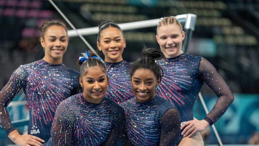 PARIS, FRANCE - JULY 25: United States women&apos;s gymnastics team participate in the podium training at the Bercy Arena, prior to the Paris 2024 Olympic Games, in Paris, France on July 25, 2024. (Photo by Aytac Unal/Anadolu via Getty Images)