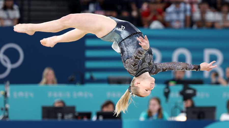 PARIS, FRANCE July 28, 2024-USA&apos;s Jade Carey competes on the floor during qualifying for women&apos;s team gymnastics at the 2024 Olympics in Paris, France Sunday(Wally Skalij/Los Angeles Times via Getty Images)