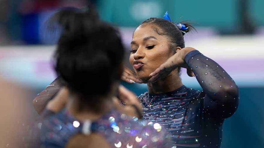 PARIS, FRANCE: JULY 25:  Simone Biles of the United States photographs Jordan Chiles of the United States after Artistic Gymnastics podium training at the Bercy Arena, in preparation for the Paris 2024 Summer Olympic Games on July 25th, 2024 in Paris, France. (Photo by Tim Clayton/Corbis via Getty Images)