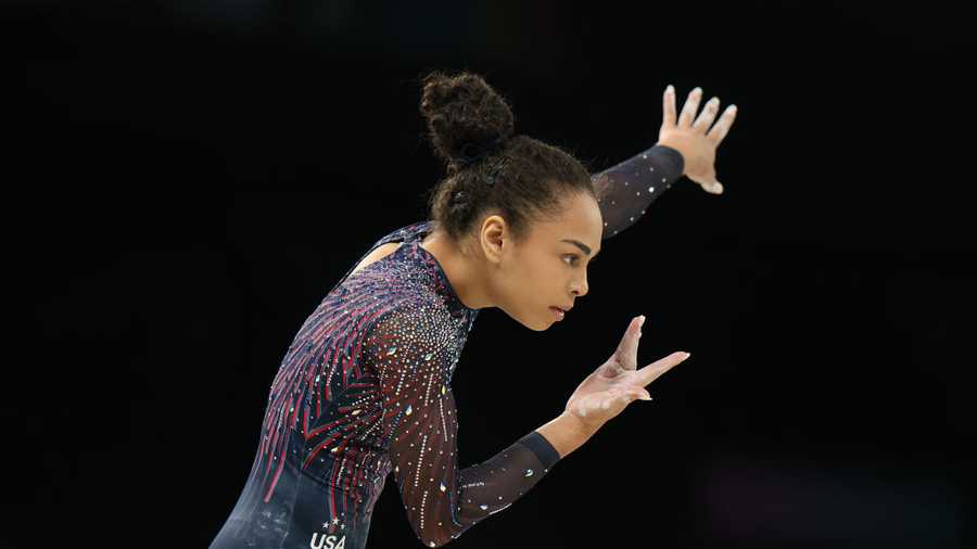 VARIOUS CITIES, FRANCE - JULY 25:  Hezly Rivera of the United States practices on the balance beam during a Gymnastics training session in the Bercy Arena ahead of the Paris 2024 Olympic Games on July 25, 2024 in Paris, France.  (Photo by Elsa/Getty Images)