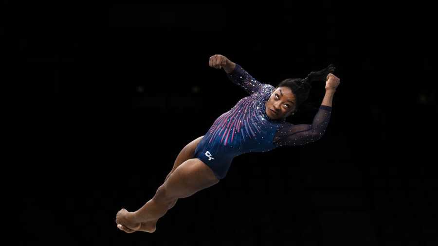 PARIS, FRANCE: JULY 25:   Simone Biles of the United States performs a vault during Artistic Gymnastics podium training at the Bercy Arena, in preparation for the Paris 2024 Summer Olympic Games on July 25th, 2024 in Paris, France. (Photo by Tim Clayton/Corbis via Getty Images)