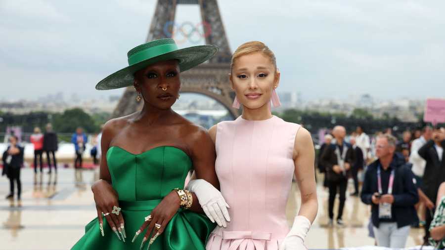 PARIS, FRANCE - JULY 26: (L-R) Cynthia Erivo and Ariana Grande attend the red carpet ahead of the opening ceremony of the Olympic Games Paris 2024 on July 26, 2024 in Paris, France. (Photo by Matthew Stockman/Getty Images)