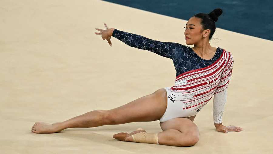 US&apos; Sunisa Lee competes in the floor exercise event of the artistic gymnastics women&apos;s team final during the Paris 2024 Olympic Games at the Bercy Arena in Paris, on July 30, 2024. (Photo by Paul ELLIS / AFP) (Photo by PAUL ELLIS/AFP via Getty Images)