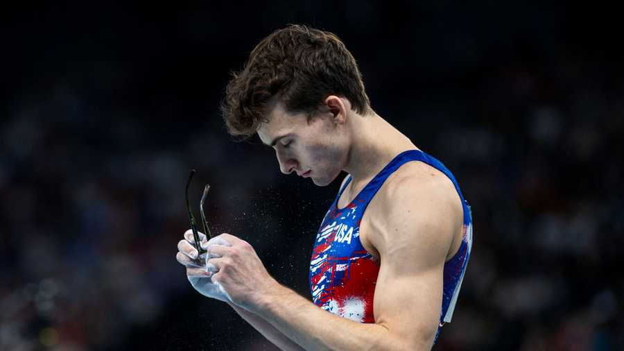 PARIS, FRANCE: JULY 27: Stephen Nedoroscik of the United States prepares to perform his pommel horse routine during Artistic Gymnastics, Men&apos;s Qualification at the Bercy Arena during the Paris 2024 Summer Olympic Games on July 27th, 2024 in Paris, France. (Photo by Tim Clayton/Corbis via Getty Images)