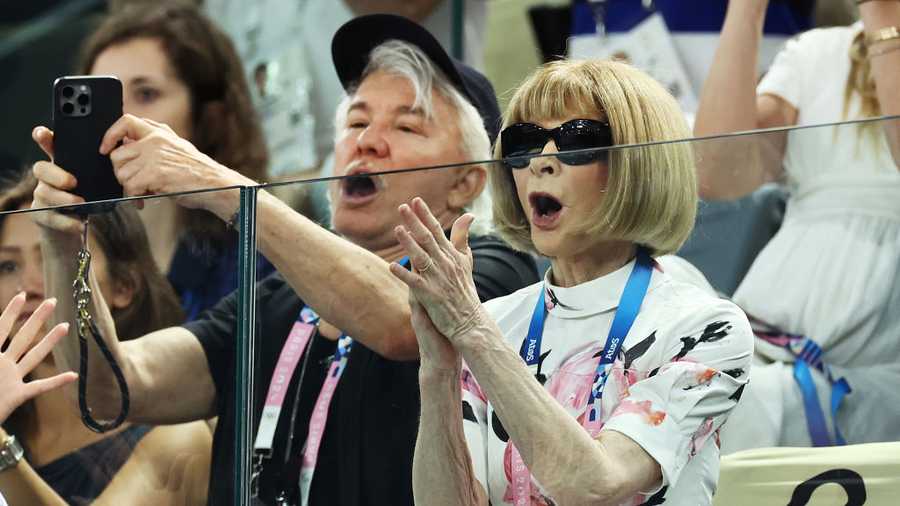 PARIS, FRANCE - JULY 28: Anna Wintour and Baz Luhrmann attend the Artistic Gymnastics Women&apos;s Qualification on day two of the Olympic Games Paris 2024 at Bercy Arena on July 28, 2024 in Paris, France. (Photo by Arturo Holmes/Getty Images)
