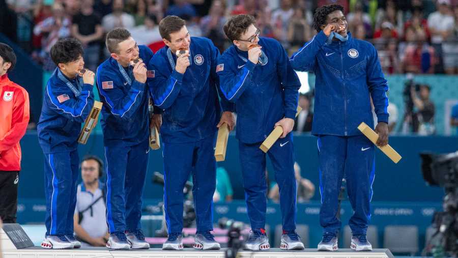 PARIS, FRANCE: JULY 29:  The United States team of Asher Hong, Paul Juda, Brody Malone, Stephen Nedoroscik and Frederick Richard on the podium with their bronze medals during the Artistic Gymnastics Men&apos;s Team Final at the Bercy Arena during the Paris 2024 Summer Olympic Games on July 29th, 2024 in Paris, France. (Photo by Tim Clayton/Corbis via Getty Images)