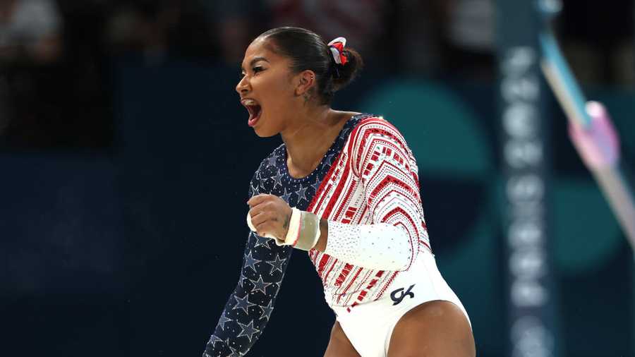 PARIS, FRANCE - JULY 30: Jordan Chiles of Team United States reacts after finishing her routine on the uneven bars during the Artistic Gymnastics Women&apos;s Team Final on day four of the Olympic Games Paris 2024 at Bercy Arena on July 30, 2024 in Paris, France. (Photo by Naomi Baker/Getty Images)