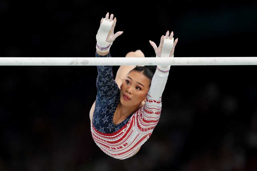 PARIS, FRANCE - JULY 30: Sunisa Lee of Team United States competes on the uneven bars during the Artistic Gymnastics Women&apos;s Team Final on day four of the Olympic Games Paris 2024 at Bercy Arena on July 30, 2024 in Paris, France. (Photo by Jamie Squire/Getty Images)