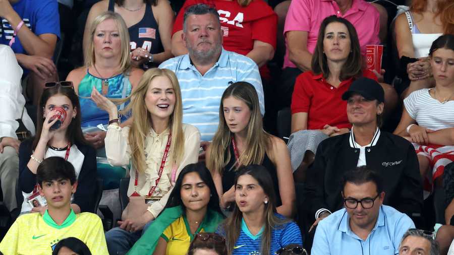 PARIS, FRANCE - JULY 30: Nicole Kidman, Keith Urban and children are seen during the Artistic Gymnastics Women&apos;s Team Final on day four of the Olympic Games Paris 2024 at Bercy Arena on July 30, 2024 in Paris, France. (Photo by Pascal Le Segretain/Getty Images)