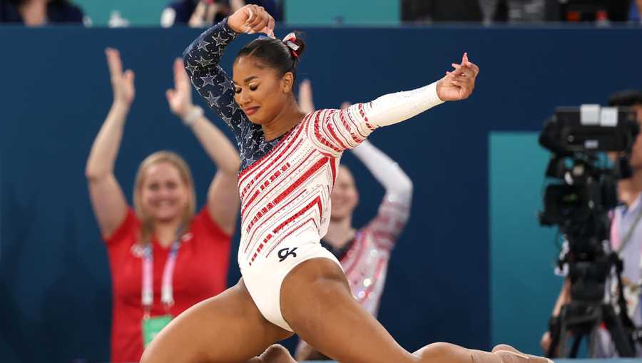 PARIS, FRANCE - JULY 30: Jordan Chiles of Team United States reacts after finishing her routine in the floor exercise during the Artistic Gymnastics Women&apos;s Team Final on day four of the Olympic Games Paris 2024 at Bercy Arena on July 30, 2024 in Paris, France. (Photo by Jamie Squire/Getty Images)