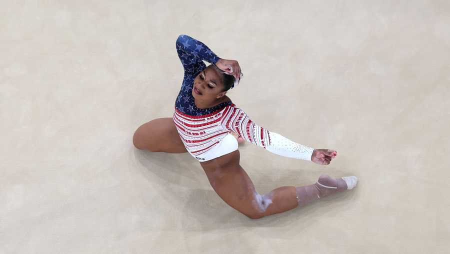 PARIS, FRANCE - JULY 30: (EDITORS NOTE: Image was captured using a robotic camera positioned above the field of play) Jordan Chiles of Team United States competes in the floor exercise during the Artistic Gymnastics Women&apos;s Team Final on day four of the Olympic Games Paris 2024 at Bercy Arena on July 30, 2024 in Paris, France. (Photo by Dan Mullan/Getty Images)