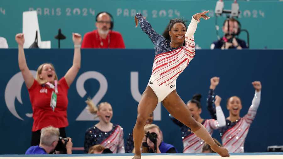 PARIS, FRANCE - JULY 30: Simone Biles of Team United States reacts after competing in the floor exercise during the Artistic Gymnastics Women&apos;s Team Final on day four of the Olympic Games Paris 2024 at Bercy Arena on July 30, 2024 in Paris, France. (Photo by Jamie Squire/Getty Images)