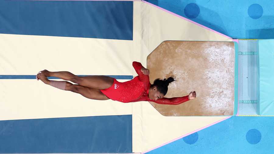 PARIS, FRANCE - AUGUST 03: (EDITORS NOTE: Image was captured using a robotic camera positioned above the field of play) Simone Biles of Team United States competes during the Artistic Gymnastics Women&apos;s Vault Final on day eight of the Olympic Games Paris 2024 at Bercy Arena on August 03, 2024 in Paris, France. (Photo by Dan Mullan/Getty Images)