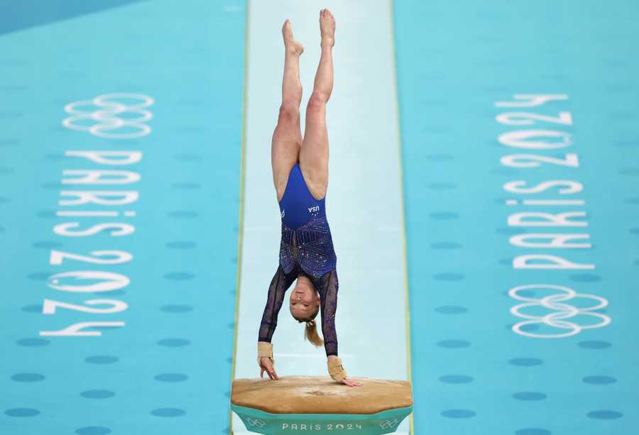 PARIS, FRANCE - AUGUST 03: Jade Carey of Team United States competes during the Artistic Gymnastics Women&apos;s Vault Final on day eight of the Olympic Games Paris 2024 at Bercy Arena on August 03, 2024 in Paris, France. (Photo by Jamie Squire/Getty Images)