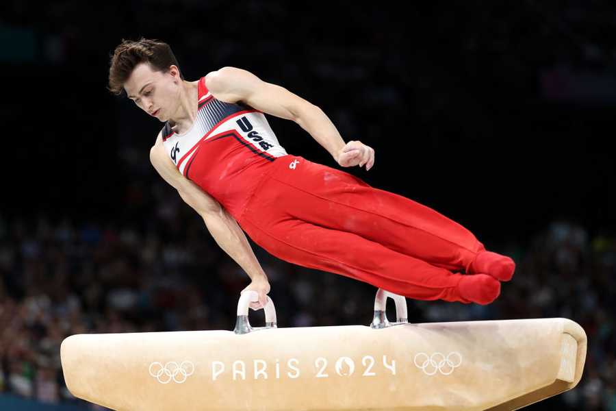 PARIS, FRANCE - AUGUST 03: Stephen Nedoroscik of Team United States competes during the Artistic Gymnastics Men&apos;s Pommel Horse Final on day eight of the Olympic Games Paris 2024 at Bercy Arena on August 03, 2024 in Paris, France. (Photo by Julian Finney/Getty Images)
