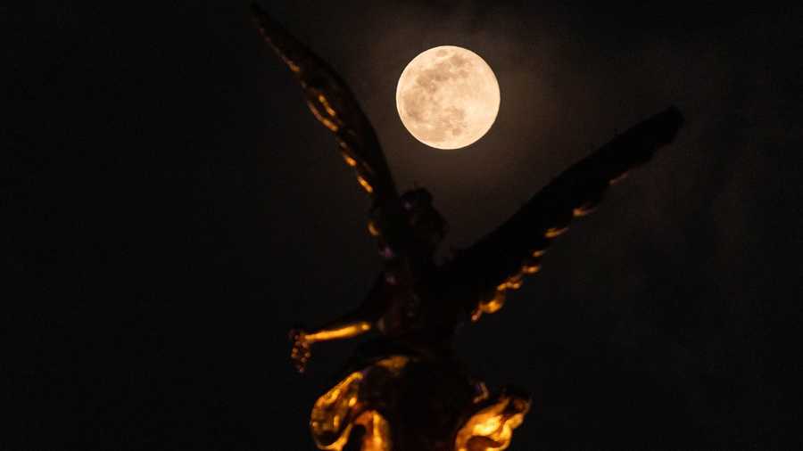 MEXICO CITY, MEXICO - DECEMBER 04: The supermoon known as &apos;Cold Moon&apos; is seen rising behind the Angel of Independence monument, in Mexico City, Mexico on December 04, 2025. The name &apos;Cold Moon&apos; comes from the December full moon&apos;s association with the coldest weather and longest nights of the year in the Northern Hemisphere. (Photo by Daniel Cardenas/Anadolu via Getty Images)