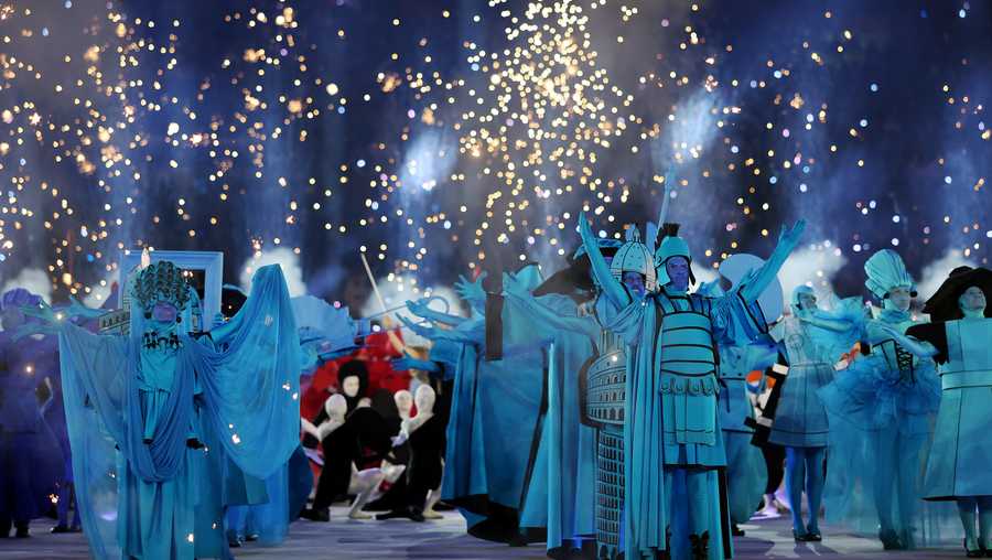 Actors dressed as a symbol of Ancient Rome perform during the opening ceremony of the Milano Cortina 2026 Winter Olympics at San Siro Stadium on February 06, 2026 in Milan, Italy.