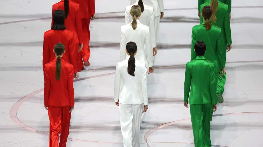 Models wearing creations designed by Giorgio Armani walk during the opening ceremony of the Milano Cortina 2026 Winter Olympics at San Siro Stadium on February 06, 2026, in Milan, Italy.