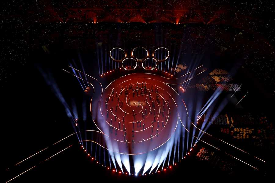 A general view as performers form the Milky Way during the opening ceremony of the Milano Cortina 2026 Winter Olympics at San Siro Stadium in Milan, Italy.