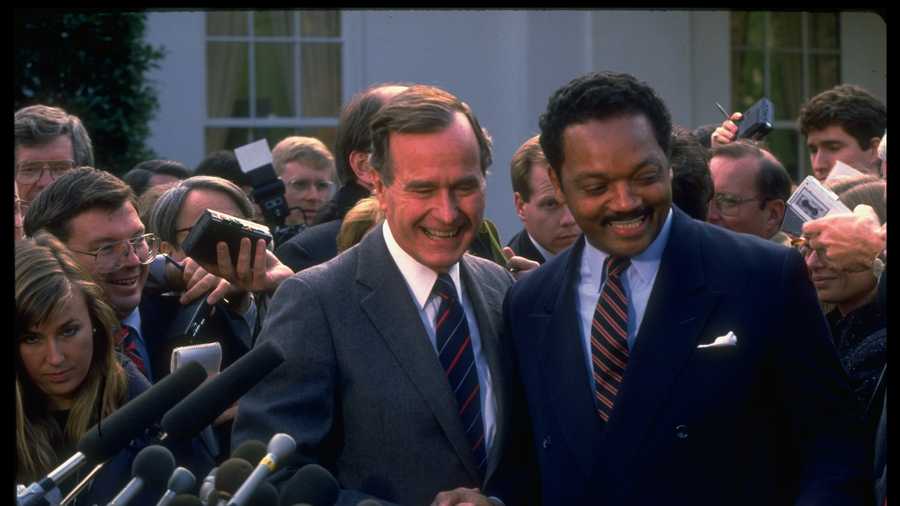 Rev. Jesse Jackson, (L), w. Pres. Bush &amp; press, outside, after luncheon at old EOB.    (Photo by Cynthia Johnson/Getty Images)