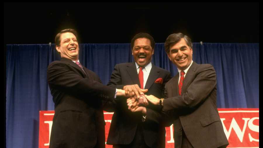 Dem. rivals for presidential nomination (L-R) Gov. Mike Dukakis, Rev. Jesse Jackson &amp; Sen. Al Gore before/after DAILY NEWS debate at Felt Forum.    (Photo by Steve Liss/Getty Images)