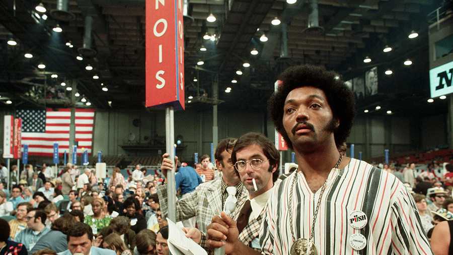 Jesse Jackson, wearing a button from his organization Operation PUSH (People United to Save Humanity), attends the 1972 Democratic National Convention at the Miami Beach Convention Center. Senator George McGovern, a liberal Democrat, was nominated for president at the convention. (Photo by © Wally McNamee/CORBIS/Corbis via Getty Images)
