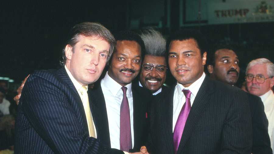 ATLANTIC CITY, NJ - JUNE 27:  Businessman Donald Trump, Jesse Jackson, Don King and Muhammad Ali   ringside at Tyson vs Holmes Convention Hall in Atlantic City, New Jersey June 27 1988. (Photo by Jeffrey Asher/ Getty Images)