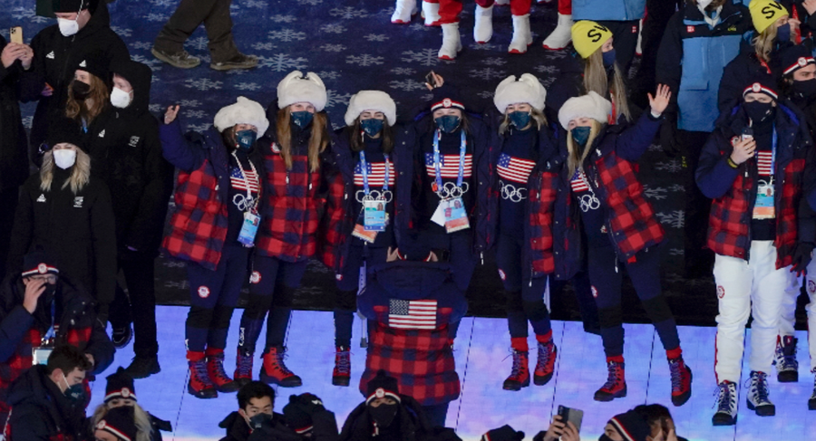 Members of team United States pose during the closing ceremony of the 2022 Winter Olympics, Sunday, Feb. 20, 2022, in Beijing.