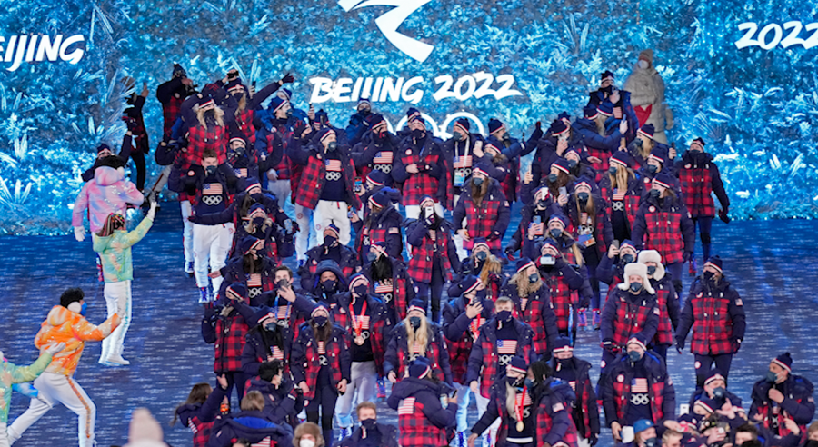 The United States arrives at the closing ceremony of the 2022 Winter Olympics, Sunday, Feb. 20, 2022, in Beijing.