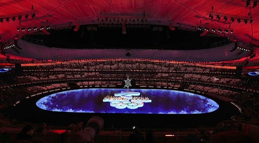 The Olympic Rings are illuminated at the closing ceremony of the 2022 Winter Olympics, Sunday, Feb. 20, 2022, in Beijing
