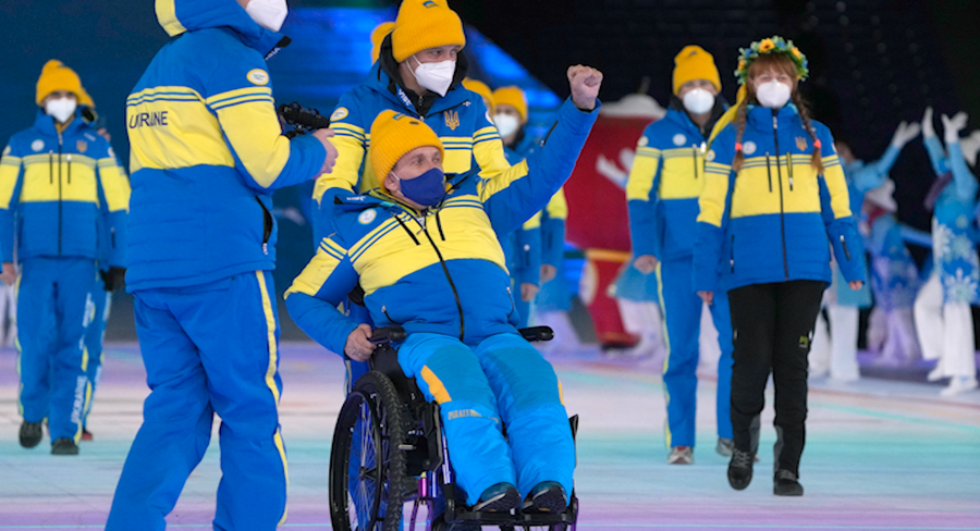 Athletes from Ukraine arrive at the opening ceremony at the 2022 Winter Paralympics, Friday, March 4, 2022, in Beijing.