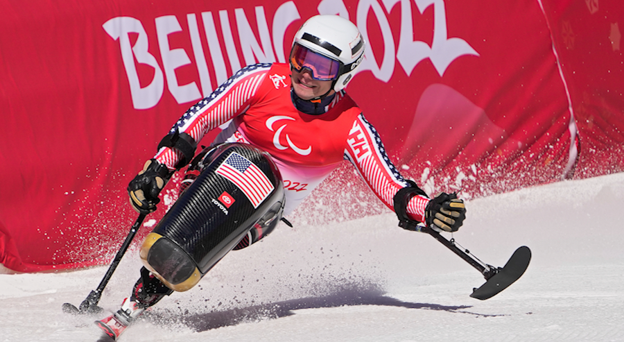 Andrew Kurka of the United States competes in the men's downhill, sitting, at the 2022 Winter Paralympics, Saturday, March 5, 2022, in the Yanqing district of Beijing.